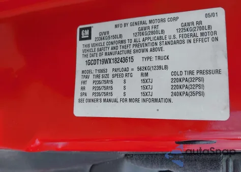 2001 Chevrolet S-10 Ls z USA, uszkodzony, nr VIN 1GCDT19WX18243615